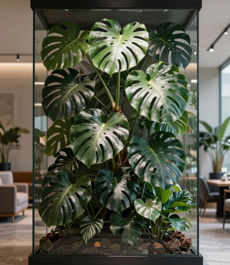 A wide, professional photograph of a sophisticated indoor living space featuring a floor-to-ceiling planted terrarium and healthy monstera plants. The lighting is soft and natural, emphasizing the deep #0A2E2A shadows and bright #EDF3F1 highlights on the leaves. The scene is calm and expertly curated.
