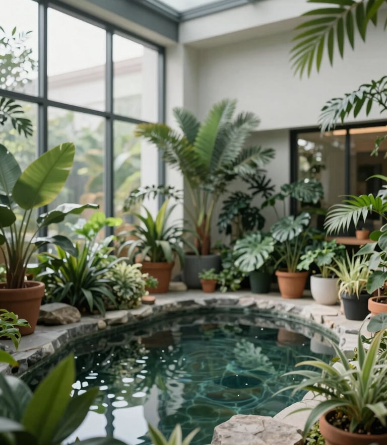 A sophisticated indoor sunroom filled with exotic potted plants and a small decorative pond. The architecture is modern with large windows. The scene incorporates brand colors #0A2E2A and #EDF3F1 in the decor and water reflections, creating a serene botanical environment.