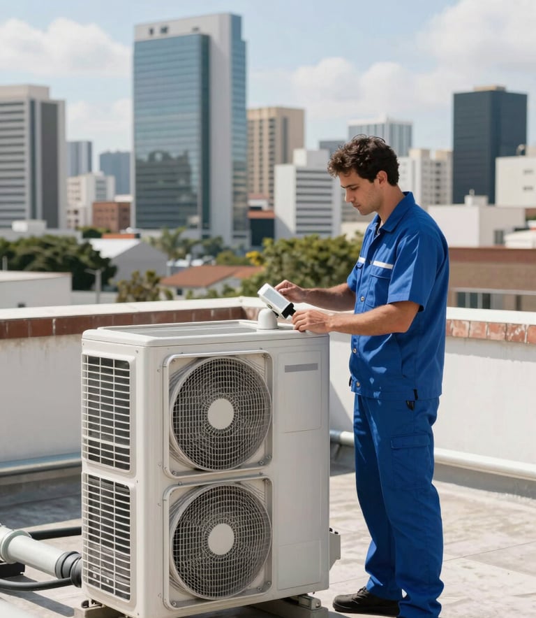 A professional technician in a clean blue uniform inspecting a large central air conditioning duct on a corporate rooftop. Bright daylight, South American / Brazilian city skyline in the background. Modern, sharp focus photography.