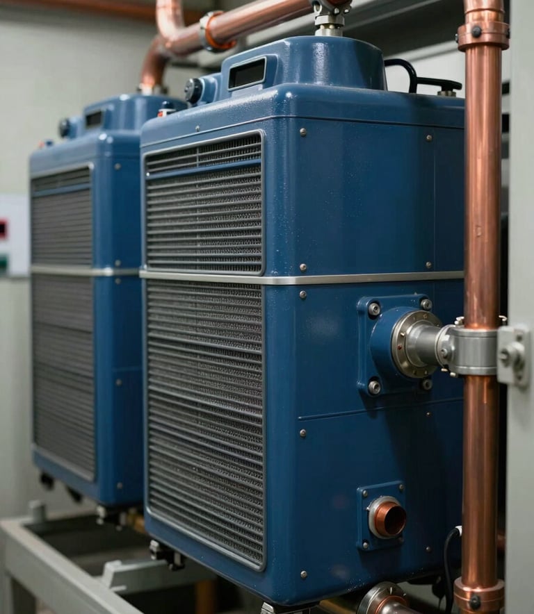 Close-up of high-tech refrigeration components and copper piping inside a commercial mechanical room. The lighting is clean and professional, highlighting the metallic textures and the deep blue tones of the equipment. South American / Brazilian industrial setting.