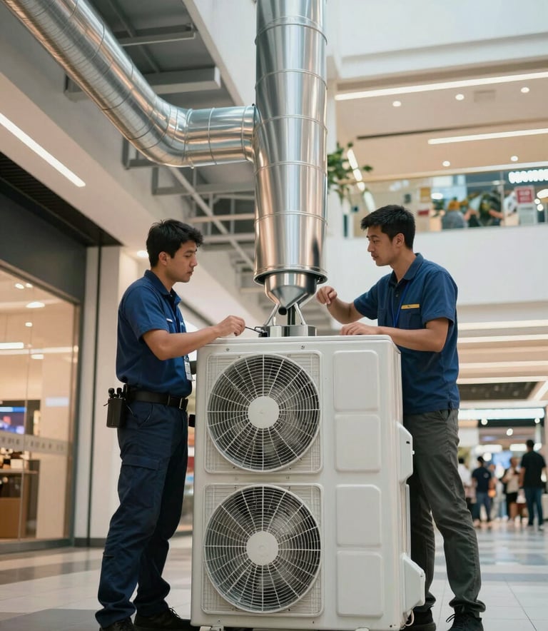 A professional inspection of a central air conditioning system ducting in a modern South American shopping mall, focusing on hygiene and efficiency, clean lines, professional architectural style.