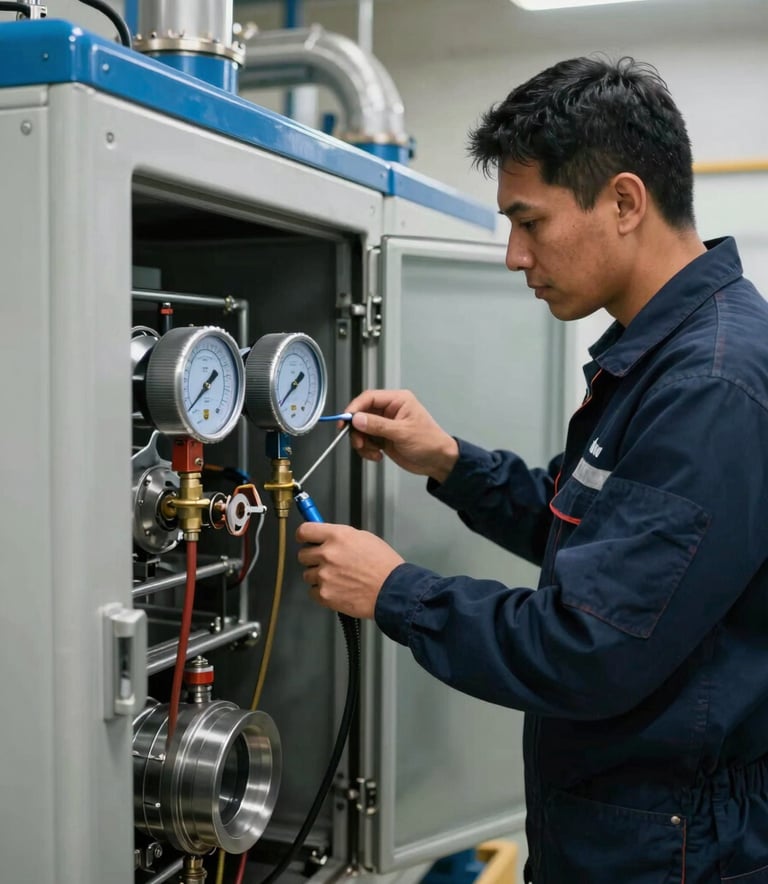 A South American technician in a professional uniform inspecting a complex industrial refrigeration unit with a digital manifold gauge, focusing on technical precision, set in a clean industrial facility, professional lighting, steel blue and dark navy tones.