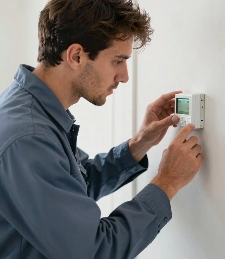 A professional HVAC technician in a North American / US residential setting, wearing a professional muted slate blue uniform, carefully adjusting a modern thermostat. The scene is bright and highlights a sense of trust, efficiency, and expert service.