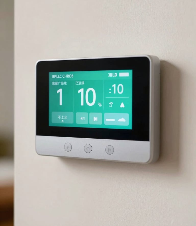 Close-up of a modern smart thermostat displaying efficient emerald green settings on a soft off-white wall in a North American / US home interior.
