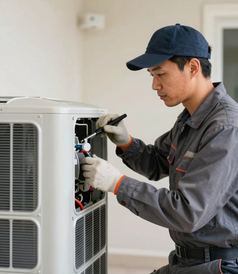 A professional HVAC specialist in a slate grey-blue uniform working on an indoor air handler unit in a modern North American / US residence, soft off-white lighting, focus on quality installation.