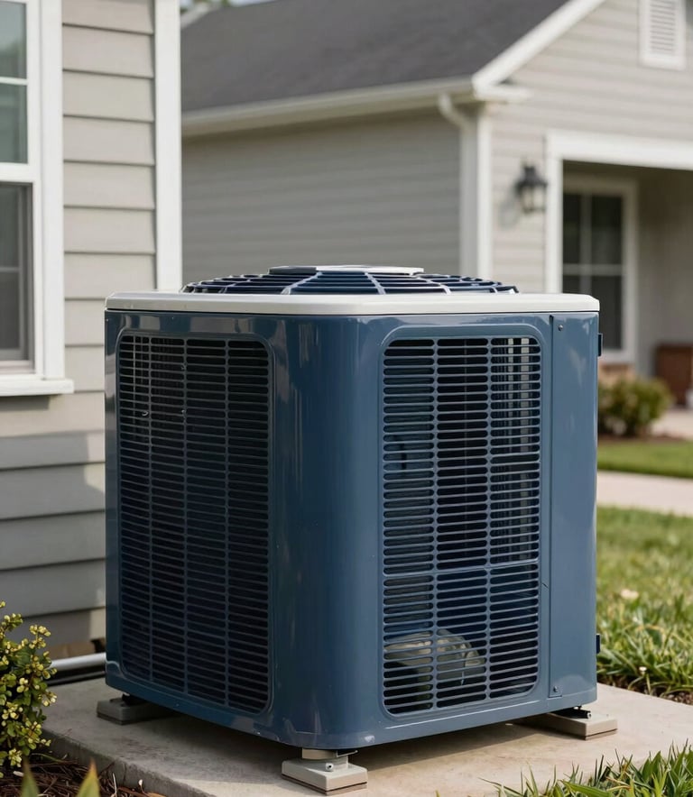 A clean, modern photography shot of a high-efficiency outdoor air conditioning unit installed next to a well-maintained North American / US suburban home. The lighting is bright and professional, featuring colors of deep midnight navy and muted slate blue to convey expertise and reliability.