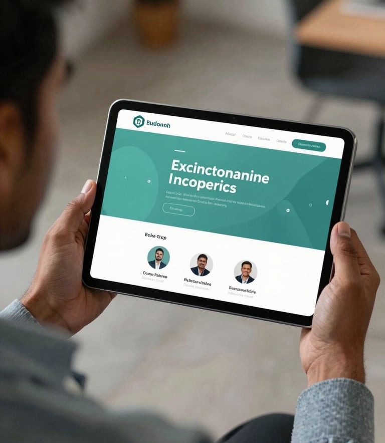 A sleek tablet showing a modern educational platform interface, held by a professional in a South Asian / Indian corporate setting with Muted Teal decor.