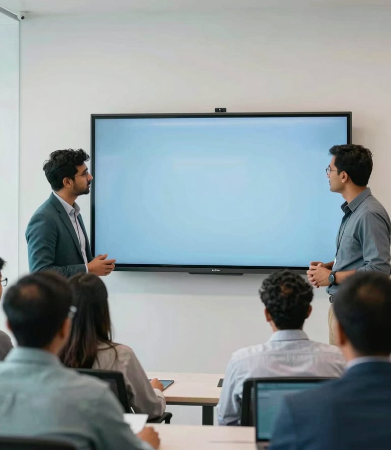 A group of focused South Asian / Indian professionals collaborating around a large screen in a modern, well-lit office. The interior features accents of muted teal and soft sky blue, with a professional and innovative mood and clean arctic white walls.