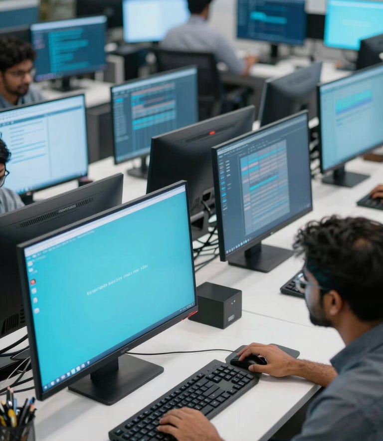 A high-angle professional shot of a modern software development environment in a South Asian / Indian tech hub. The scene features high-performance workstations with soft sky blue and muted teal glowing screens. The lighting is bright and clean, reflecting an arctic white and sophisticated office aesthetic.