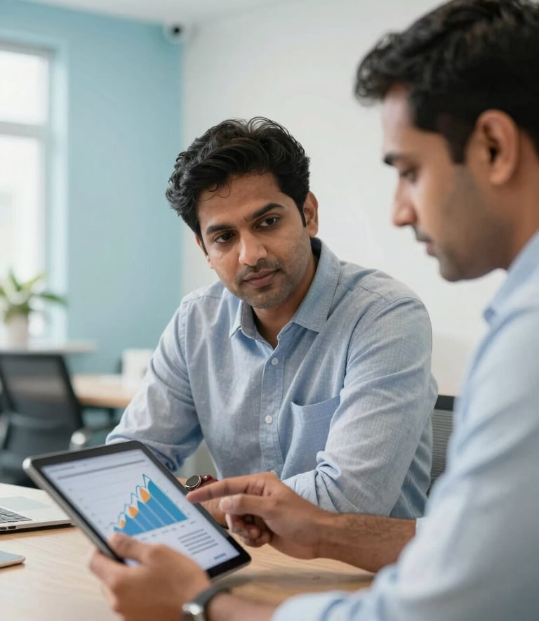 A close-up of a strategy meeting between two professional South Asian / Indian experts in a brightly lit, modern office with Pale Sky Blue accents on the walls, focusing on a tablet showing growth charts.