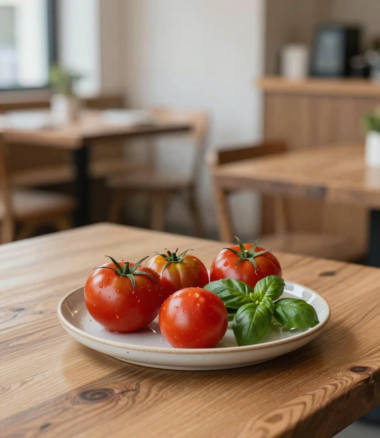 A cozy, minimalist Scandinavian restaurant interior. A rustic wooden table features a simple ceramic plate of heirloom tomatoes in shades of deep red (#9B2226), accompanied by fresh green basil (#4A5F40). The lighting is soft and natural, emphasizing a trustworthy and refined artisanal vibe.