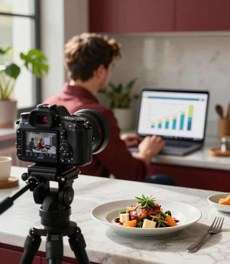 A professional behind-the-scenes shot of the Pomodoro agency at work. A high-end camera is focused on a beautifully plated dish in a sunlit Scandinavian-style kitchen. In the background, a marketing strategist is visible on a laptop showing color-coded growth charts. The scene incorporates deep red accents and forest green plant life, creating a professional yet warm atmosphere.