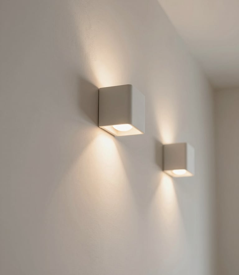 A close-up shot of high-quality interior craftsmanship, showing professional wall plastering and modern light fixtures. The lighting is warm and inviting, highlighting textures and reflecting the brand's commitment to quality. Incorporates the palette of #BBA99C and #F2ECE7.