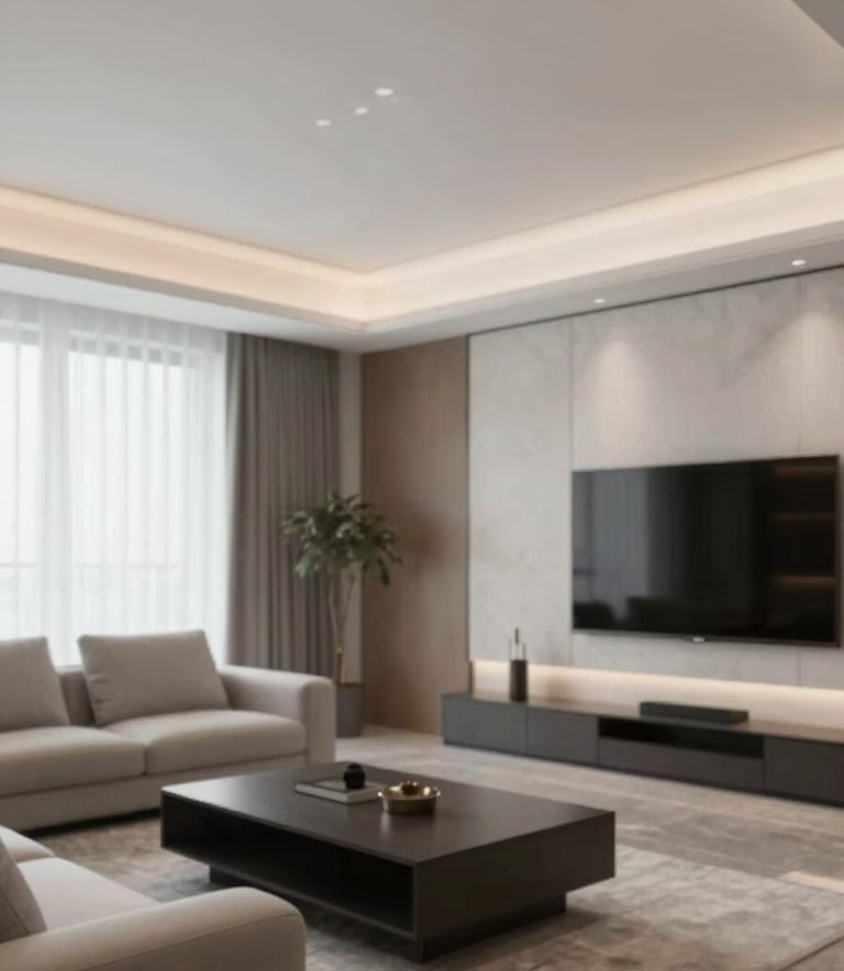 A wide-angle professional photograph of a modern, fully renovated luxury apartment interior. Clean lines, sophisticated comfort, and high-end finishes are evident. The lighting is soft and natural, emphasizing the brand's #F2ECE7 and #26211E color scheme.