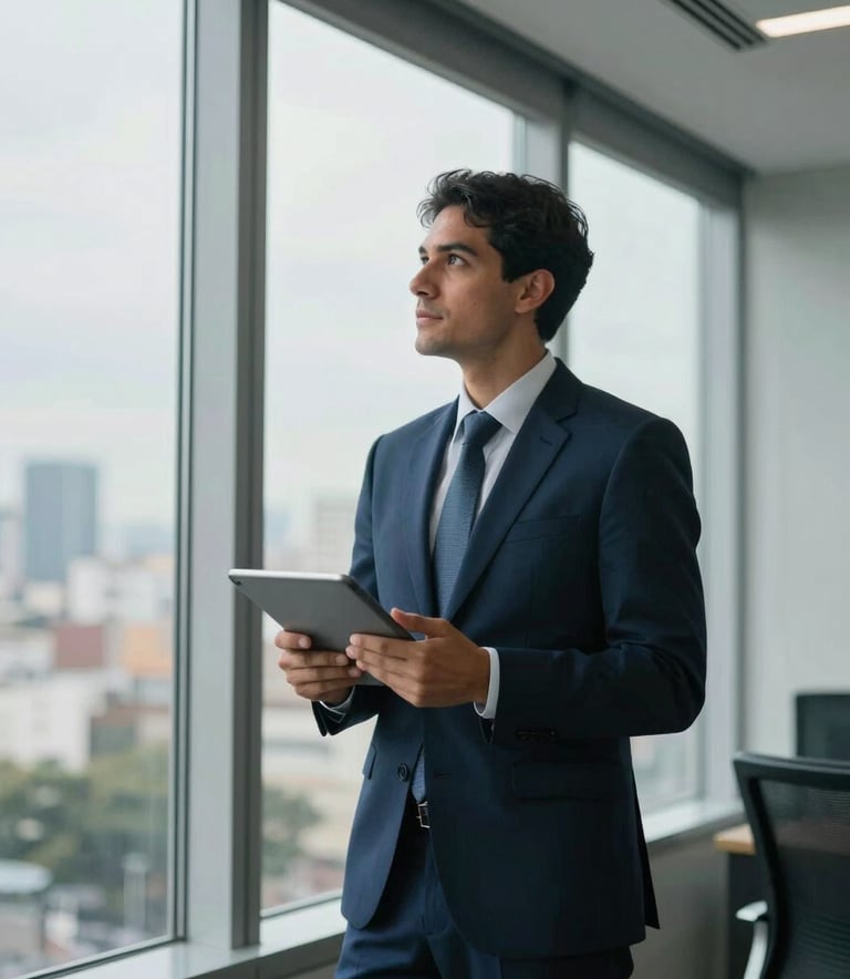 A professional South American business setting in a modern office in São Paulo. A confident professional in business attire stands by floor-to-ceiling windows, holding a digital tablet. Soft, natural morning light fills the room with tones of deep blue and light gray.