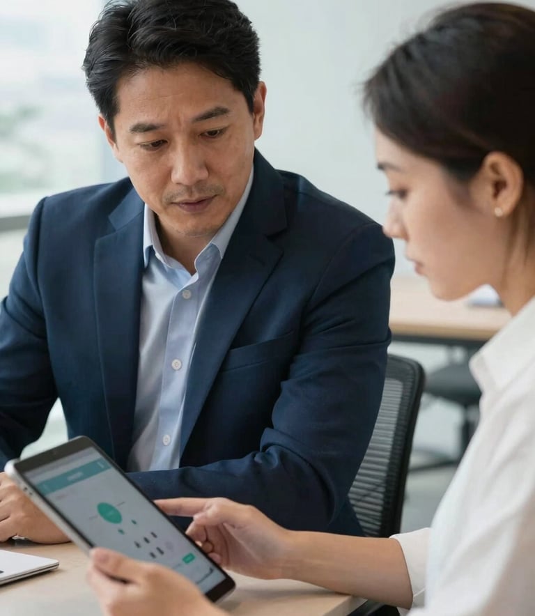 A close-up photograph of a professional coaching session in a modern Brazilian corporate office, focusing on a mentor and a trainee discussing growth strategies over a digital tablet, soft natural lighting, navy blue and white color palette.