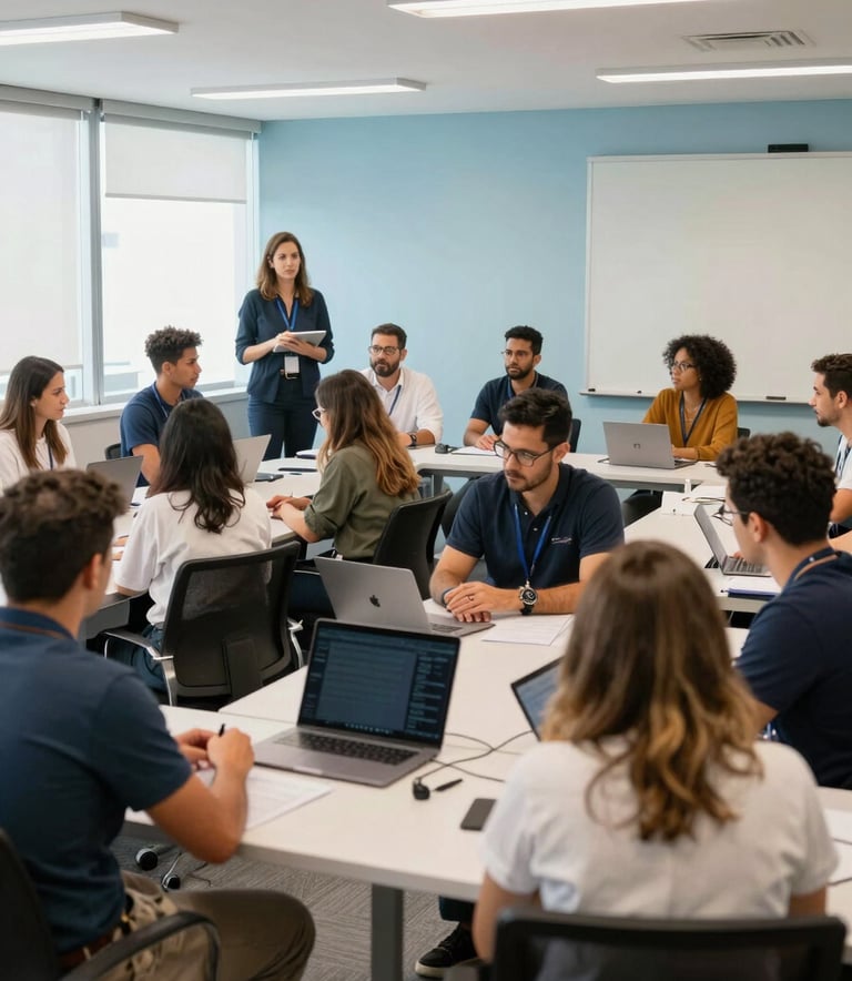 A wide shot of a professional development workshop taking place in a contemporary conference room in Brazil, diverse group of professionals collaborating, bright interior, modern office aesthetic with light blue accents.