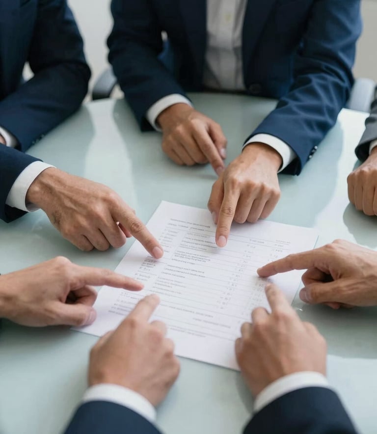 A close-up of a collaborative strategy meeting in a professional Brazilian corporate office. Hands are pointing at a clean white planning document on a light blue table. The lighting is sharp and clear, emphasizing a focused, professional atmosphere with deep blue and light gray accents.