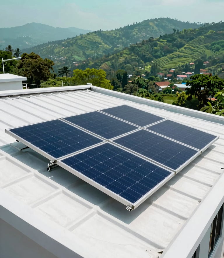 A professional wide-angle photograph of a sleek, modern solar panel installation on a clean white roof in Dehradun. The background shows the lush leaf green hills of Uttarakhand under a soft mint sky. The lighting is bright and crisp, highlighting the efficiency and cutting-edge technology.