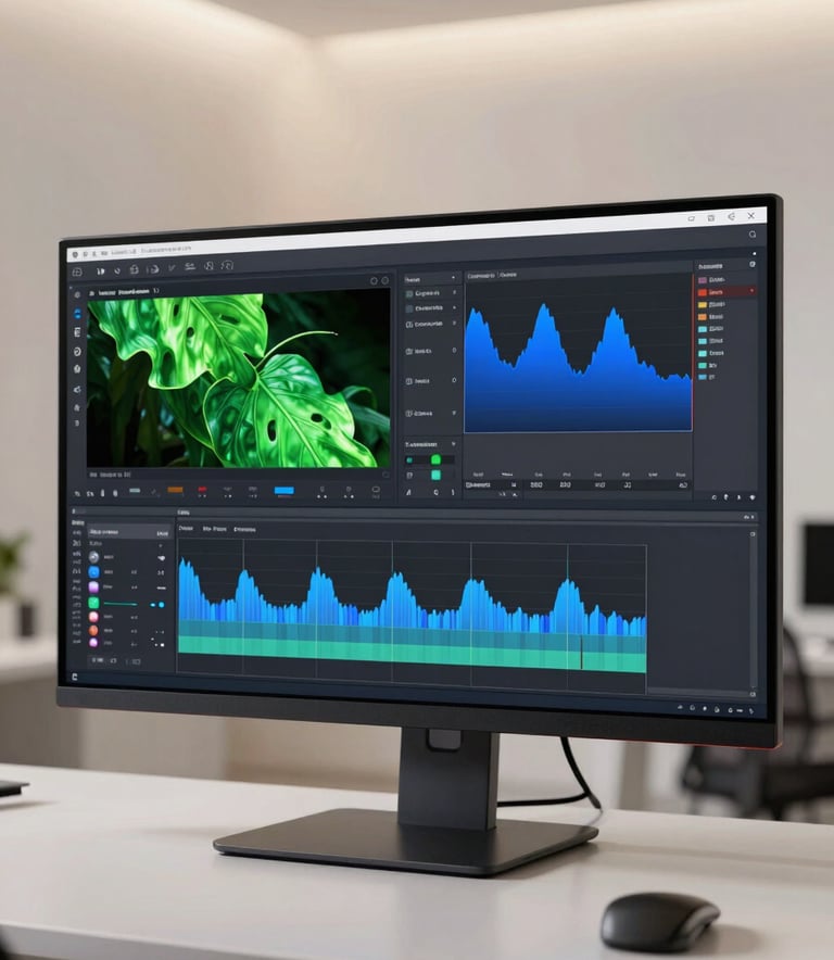 A sleek, modern video editing suite. A high-resolution monitor displays a professional color grading interface with vibrant leaf green and deep blue wave forms. The environment is professional, with clean lines and soft ambient lighting in an off-white room.