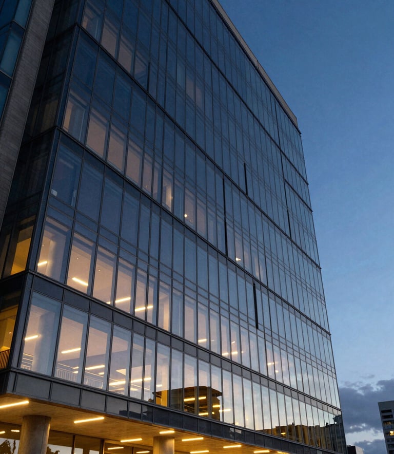 A sharp, cinematic architectural shot of a modern glass building in Joinville during twilight, reflecting deep ocean blue sky with warm sun yellow internal lights.