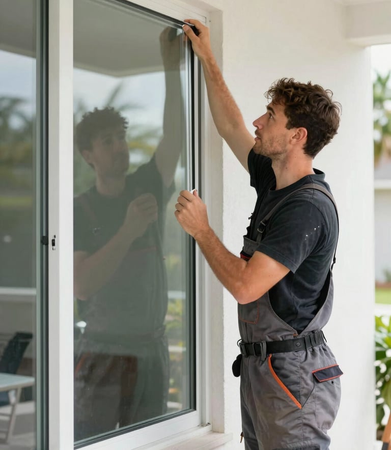 A professional window installer in a North American / Florida residential setting, carefully fitting a large glass pane into a frame, daytime natural lighting, clean work environment, conveying reliability and expertise.