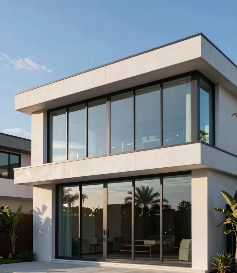A side view of a modern luxury residential house in North American / Florida with floor-to-ceiling impact-resistant glass windows, reflecting a clear blue sky, soft afternoon sunlight, elegant and clean architecture, professional photography.