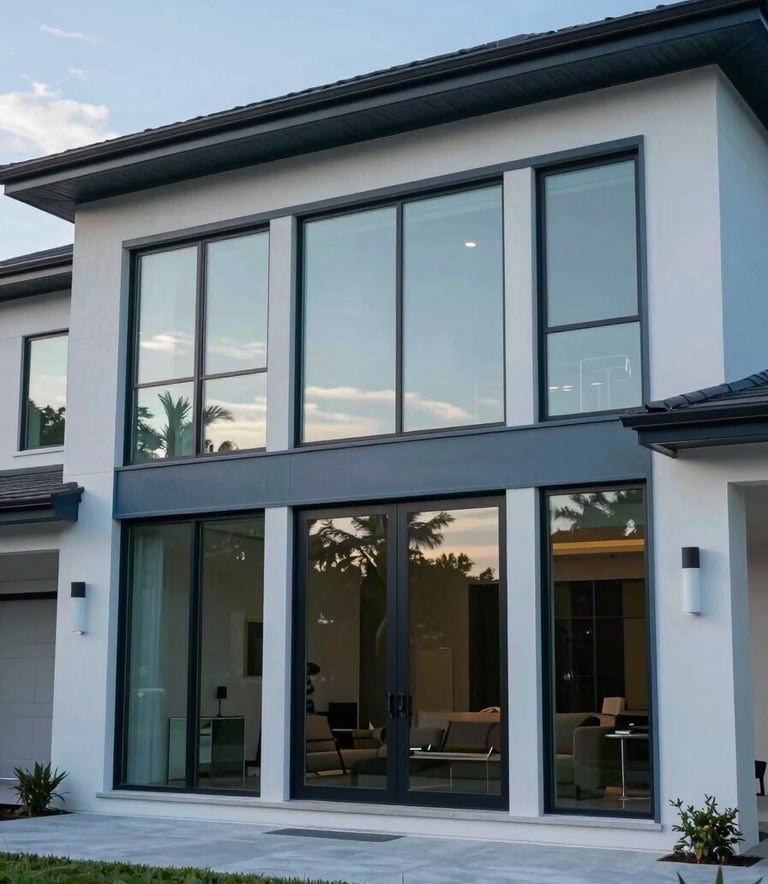 An wide-angle exterior shot of a modern North American / Florida home with large, elegant floor-to-ceiling impact windows. The house features a sophisticated blue-gray trim, reflecting a clear soft light blue sky in the polished glass, exuding reliability and high-end design.