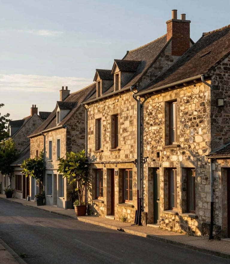 Landscape photography of a quaint village street in Souillac, Lot, French / Southern France. The stone buildings glow in the late afternoon sun, reflecting a warm, trustworthy, and premium local identity.