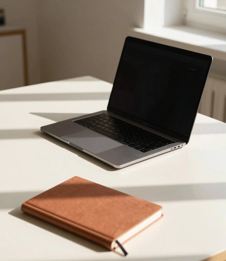 A minimalist and bright workspace in Southern France, featuring a sleek laptop on a cream-colored desk, a terracotta-colored notebook, and soft shadows from a nearby window, professional photography style.