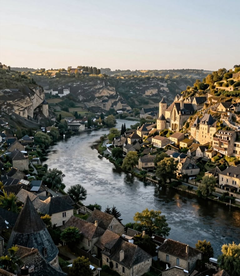 A wide-angle landscape shot of the scenic Dordogne river valley near Souillac in Lot 46, Southern France, capturing the warm morning light on historical stone architecture.