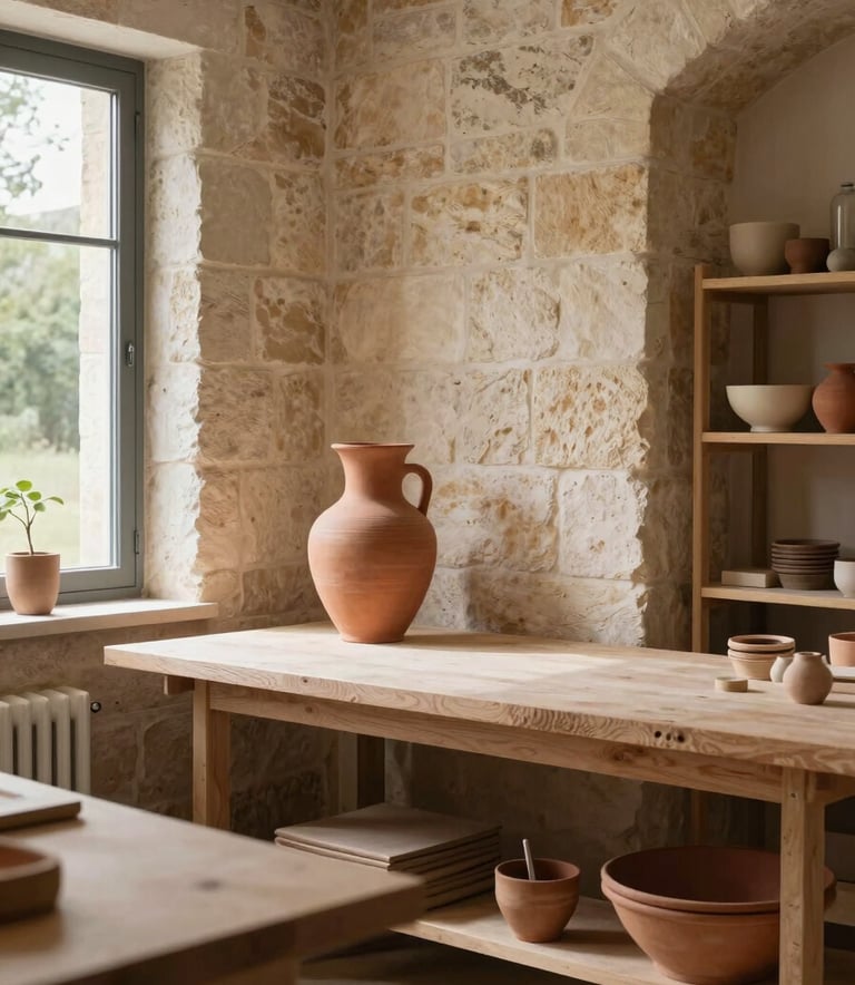 A local artisan workshop in the Lot region, French / Southern France. High-quality photography of a clean, modern stone interior where traditional craft meets contemporary design. Warm natural light coming through a window, highlighting a terracotta-colored vase and clean workspace, suggesting quality and expertise.