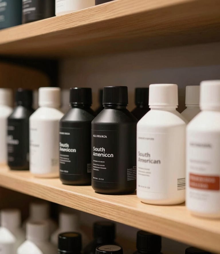 A detailed close-up of high-quality retail products neatly displayed on a wooden shelf, soft sunlight, professional South American commercial setting.