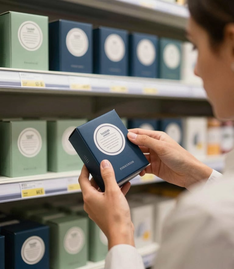 A professional interaction in a Brazilian retail environment, showing a person examining a product quality seal, sharp focus, clean aesthetic, dark blue and sage green color accents.