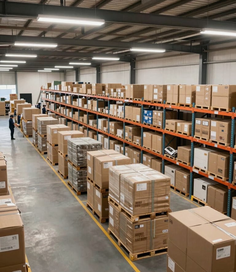 A wide-angle shot of an organized and efficient retail distribution center in South America, featuring high-quality logistics and professional lighting in a clean and modern environment.