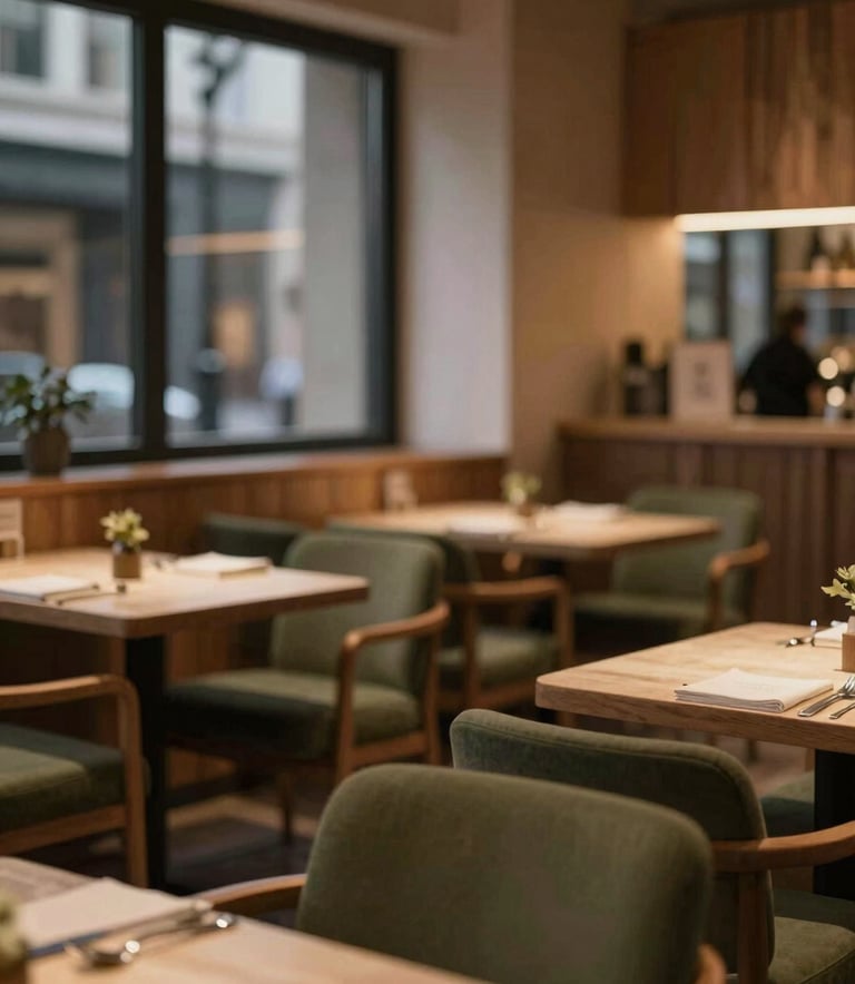 A cozy, Scandinavian-style restaurant interior at dusk. Warm wooden furniture, soft ambient lighting, and olive green cushions (#355E3B). The composition is sophisticated and empty, focusing on the texture of the materials and a peaceful culinary atmosphere. High-end architectural photography style.