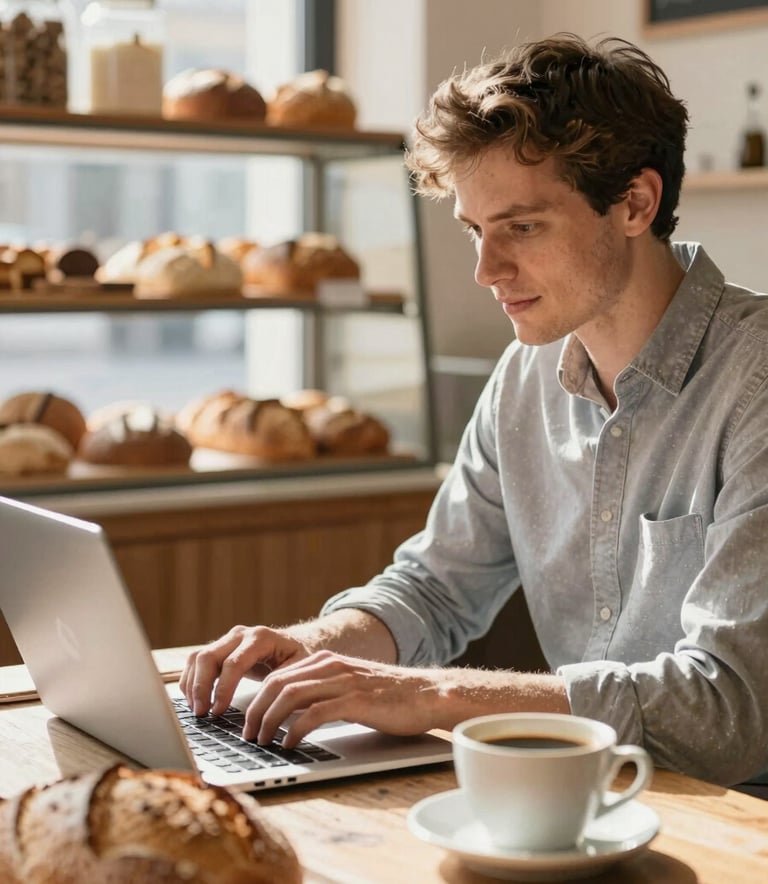 Behind-the-scenes action shot: A digital strategist working on a laptop in a sun-drenched artisan bakery. A rustic loaf of bread and a cup of coffee are on the table. The mood is professional yet warm, emphasizing the 'down-to-earth' agency style.