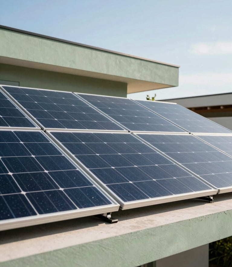 A close-up of a high-efficiency solar panel installation on a modern South American / Brazilian home. The sky is clear, reflecting a bright day. The composition highlights the sleek, modern design with Muted Sage Green landscape details in the background.