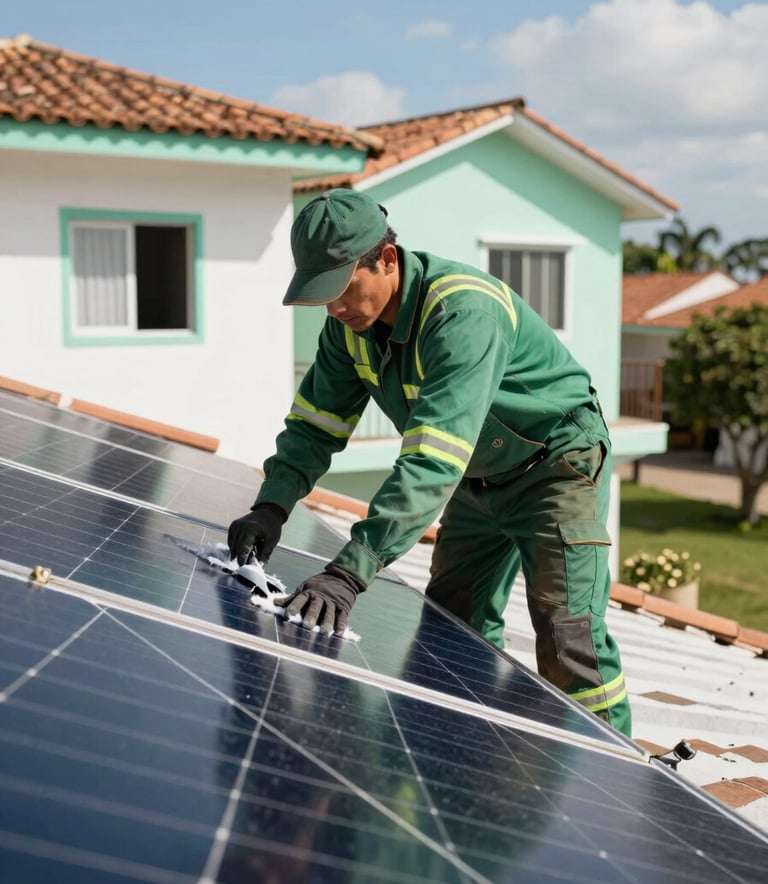A professional technician in a South American / Brazilian residential area cleaning solar panels on a rooftop. The scene is bright and sunny, with the technician wearing professional safety gear. The environment features Soft Mint White house accents and Deep Forest Green elements in the technician's uniform.