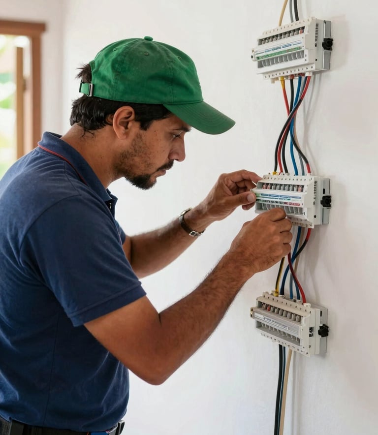 A professional electrician in a South American / Brazilian home setting, meticulously installing modern electrical wiring and components. The scene is lit with natural light, emphasizing a clean and professional environment. Color palette includes Navy Blue and Forest Green accents.