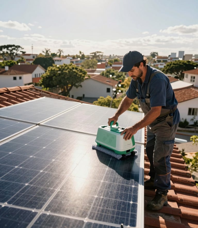 A professional maintenance expert cleaning solar panels on a suburban roof in a South American / Brazilian city. The sky is bright, and the sunlight glints off the Sage Green and Mist White cleaning equipment. Wide angle shot, realistic professional photography.