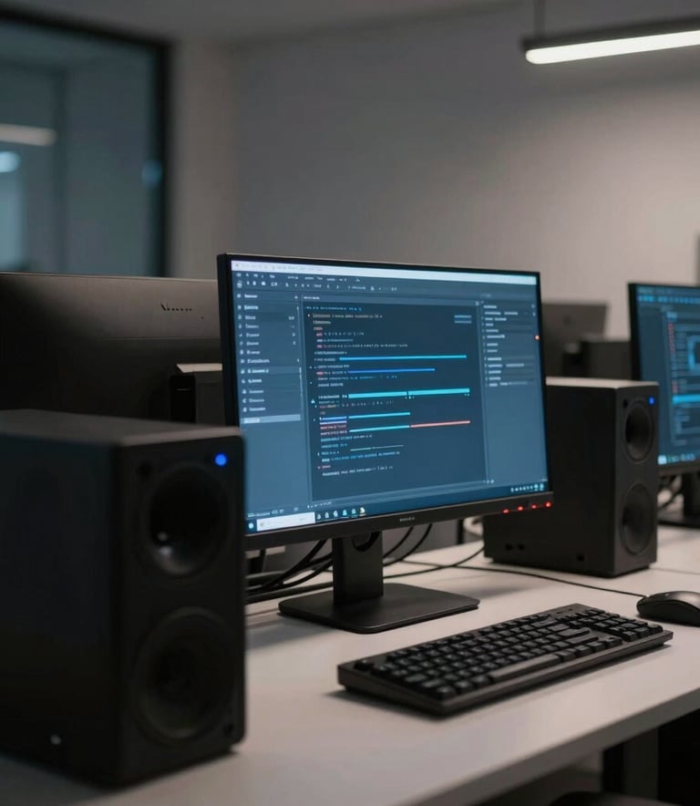 A close-up of a high-end workstation in a minimalist North American office at night. The scene is illuminated by the soft blue glow of multiple monitors, showing a dark, professional workspace with clean lines and sophisticated tech equipment. The lighting is moody and focused.