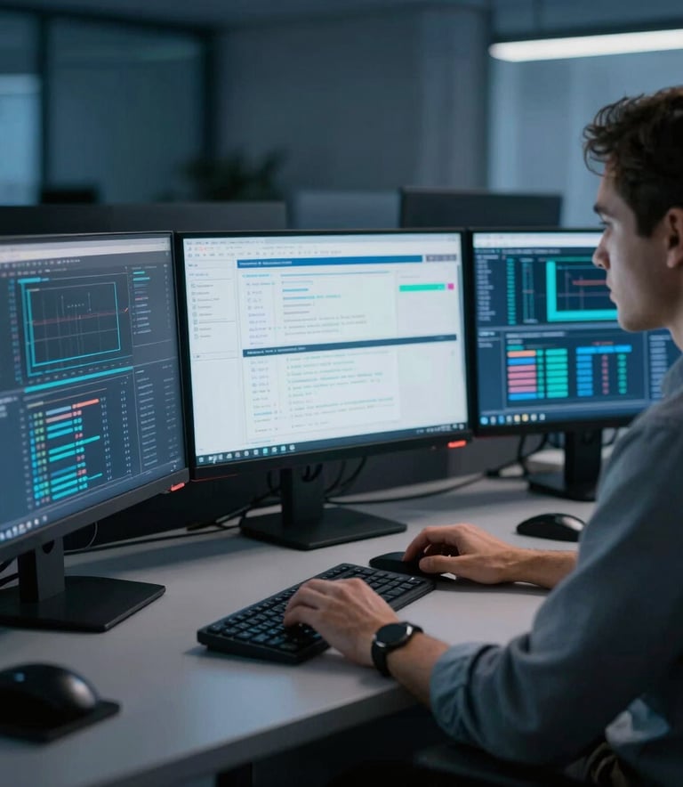 A sophisticated North American office setting with a focused professional working on multiple sleek monitors displaying data streams, low-key lighting with dark oxford blue and navy blue accents.