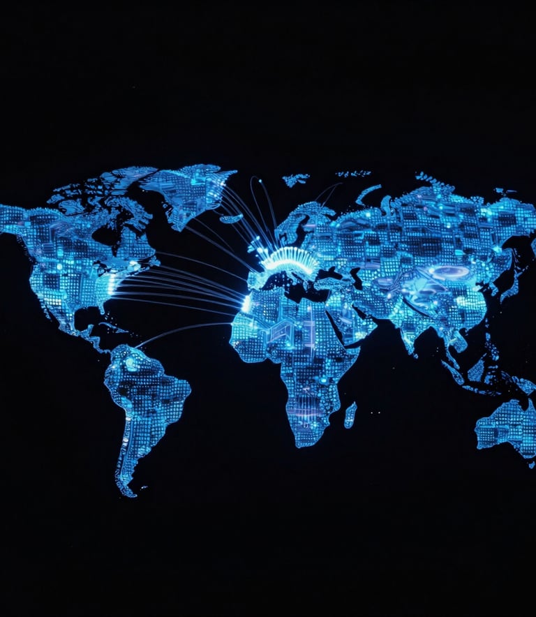 Macro photography of glowing blue data nodes and interconnected fiber optic lines on a dark black background, representing global connectivity.