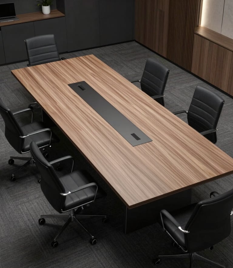 An aerial view of a clean, modern conference table in a North American office. The room is minimalist with dark furniture and subtle metallic accents, suggesting a space for high-level technical consultancy and data research.