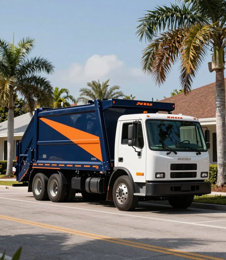 A wide-angle professional photograph of a clean, modern junk removal truck featuring a navy blue and vibrant orange logo, parked on a sun-drenched street in a North American / US / Floridian neighborhood in Tampa.