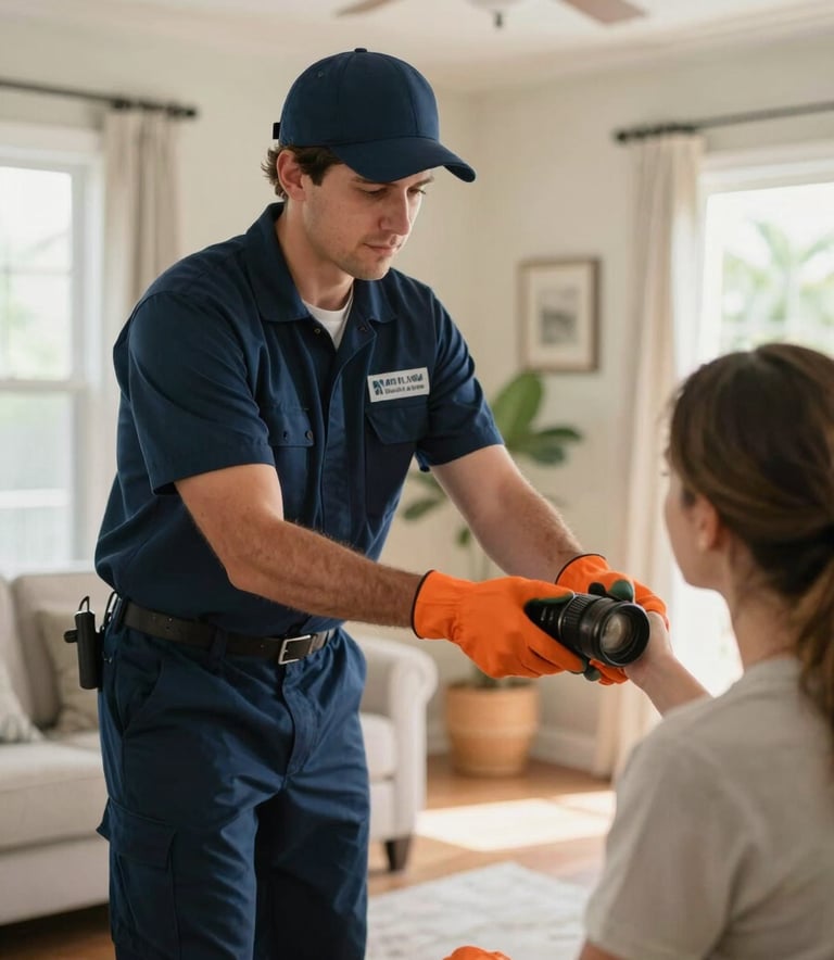 A professional junk removal specialist in a navy blue uniform and safety orange gloves assisting a homeowner in a bright North American / US / Floridian residential living room in The Villages.