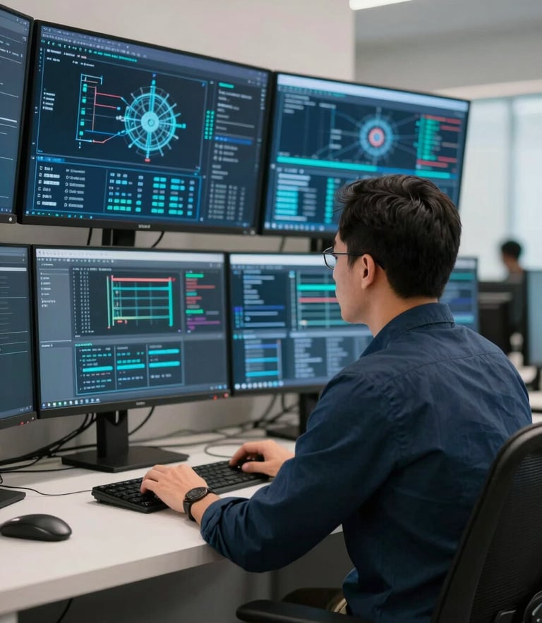 A North American IT specialist in a professional setting, looking at a wall of monitors displaying network security data in a modern office with medium blue and off-white accents.