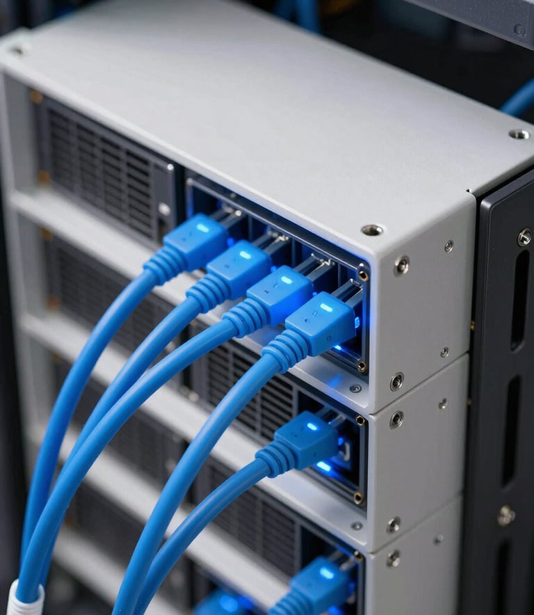 A clean, bright close-up photograph of high-end, sleek server hardware components and glowing blue fiber optic cables in a modern North American data center, off-white and medium blue lighting.