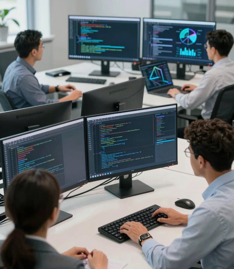 An over-the-shoulder shot of a diverse North American professional team in a high-tech corporate office, reviewing complex code and network diagrams on multiple large, slim monitors. The setting is bright, airy, and features light blue and off-white tones.